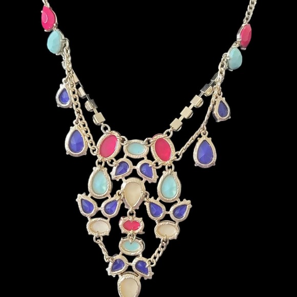 Multi Color Stones Faux Diamonds Gold Color Chain Fashion Necklace - Picture 10 of 12